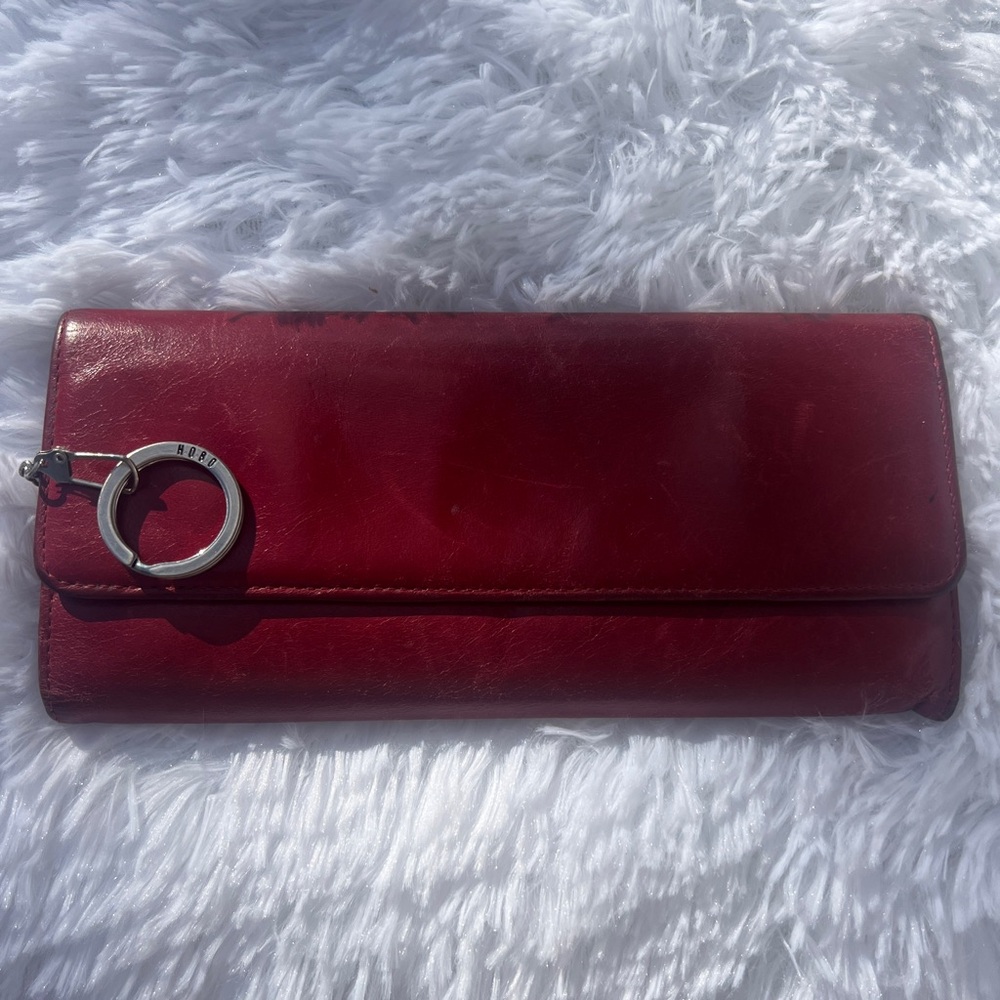 HOBO Deep Red Leather Clutch Wallet with Silver Ring Accent